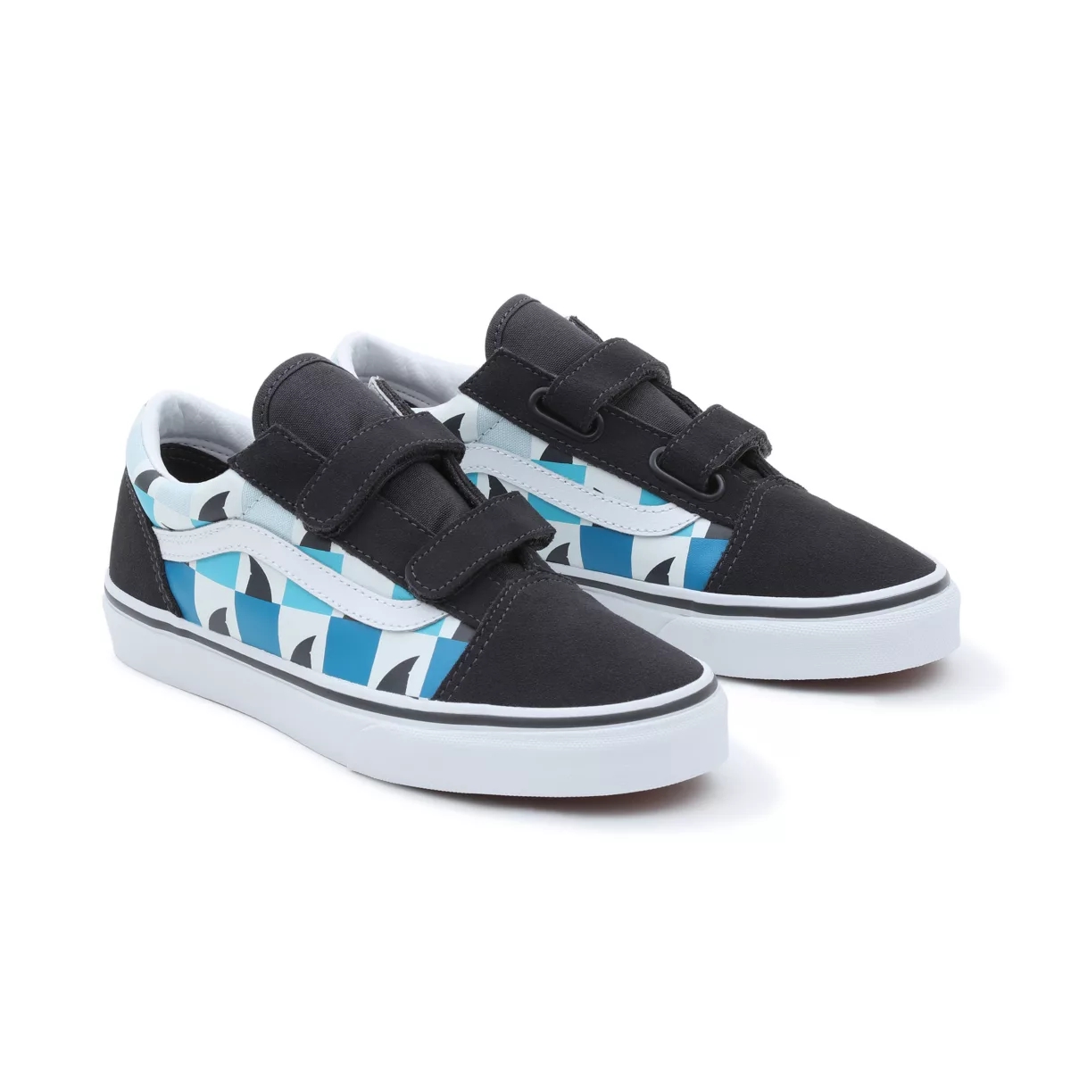 Tenis Bajas Vans Glow Checkerboard Sharks Old Skool Velcro Niños Negras | VN963K2KC46